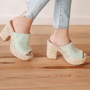 Lulus Mint Green Suede Raffia Platform Slide Sandals